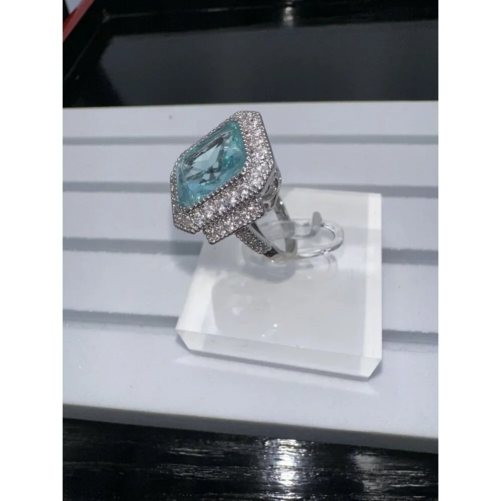 Aquamarine Cubic Zirconia White Crystal Ring Size 10